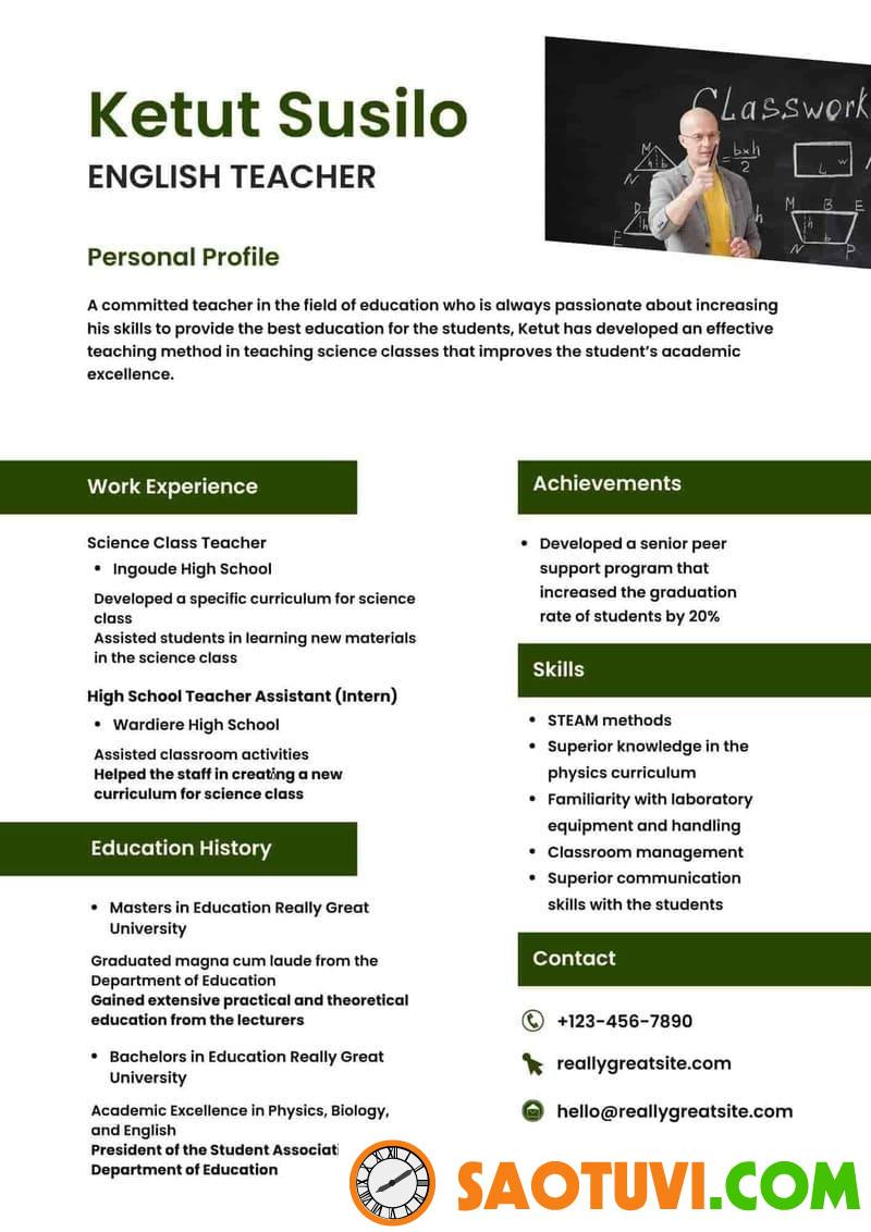 10+ Mẫu CV English Teacher chuyên nghiệp, thu hút nhà tuyển dụng Mẫu CV English Teacher cho người có kinh nghiệm giảng dạy nhiều năm