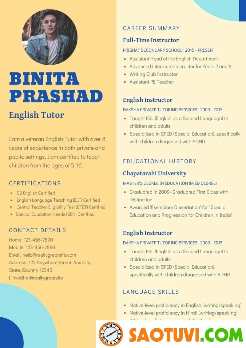 10+ Mẫu CV English Teacher chuyên nghiệp, thu hút nhà tuyển dụng Mẫu CV English Teacher cho gia sư dạy kèm