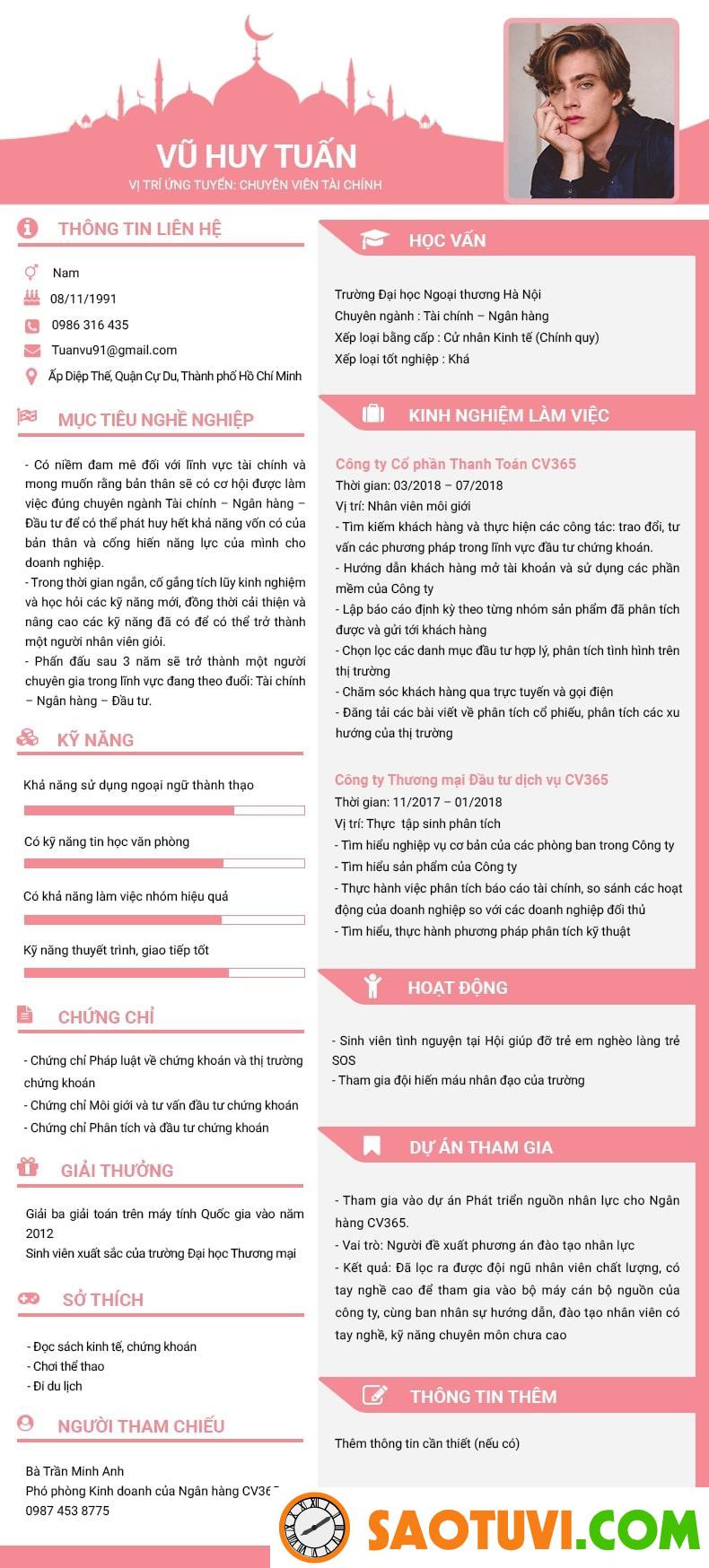 Mẫu CV chuyên viên tư vấn tài chính - Nguồn: Internenet