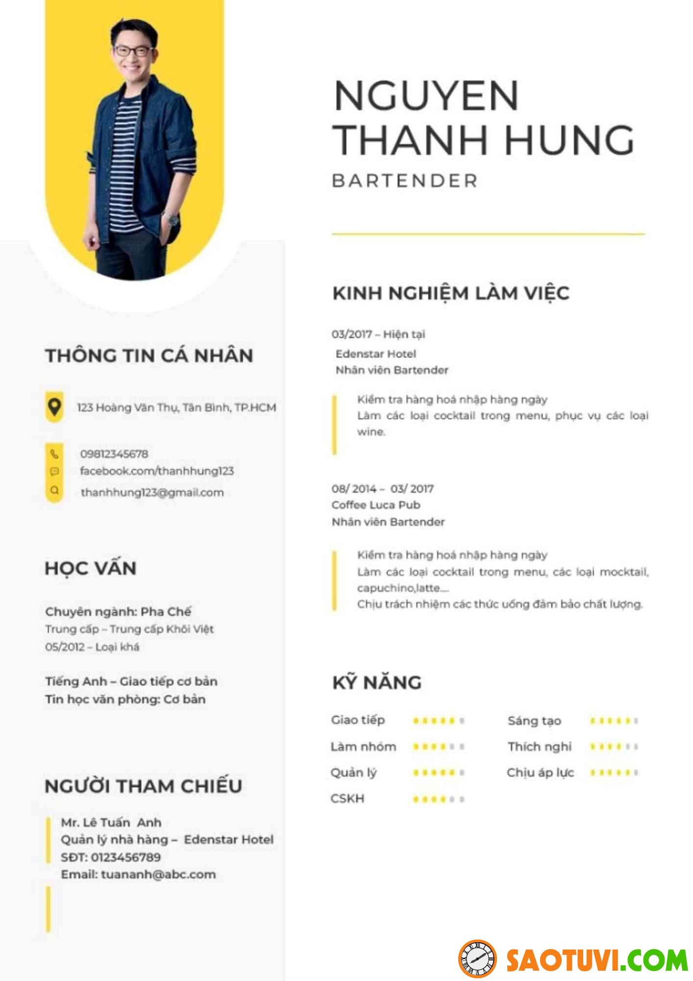 Top 25 mẫu CV part time cho sinh viên đẹp, đúng chuẩn CV Nhân viên pha chế part time (Sưu tầm)