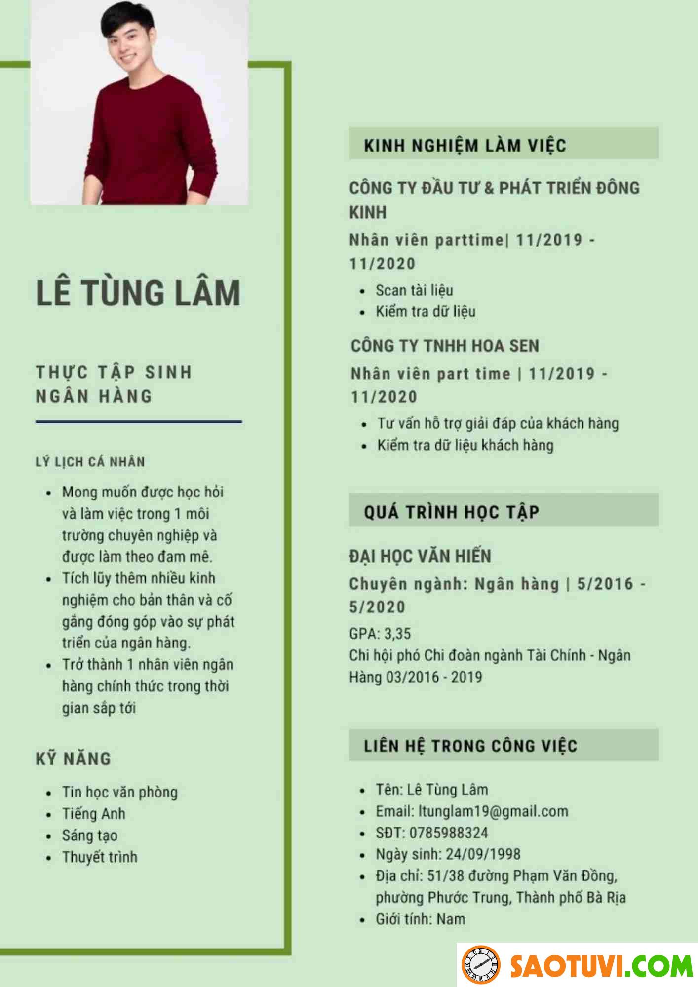 Top 25 mẫu CV part time cho sinh viên đẹp, đúng chuẩn CV Thực tập sinh Ngân hàng (Sưu tầm)