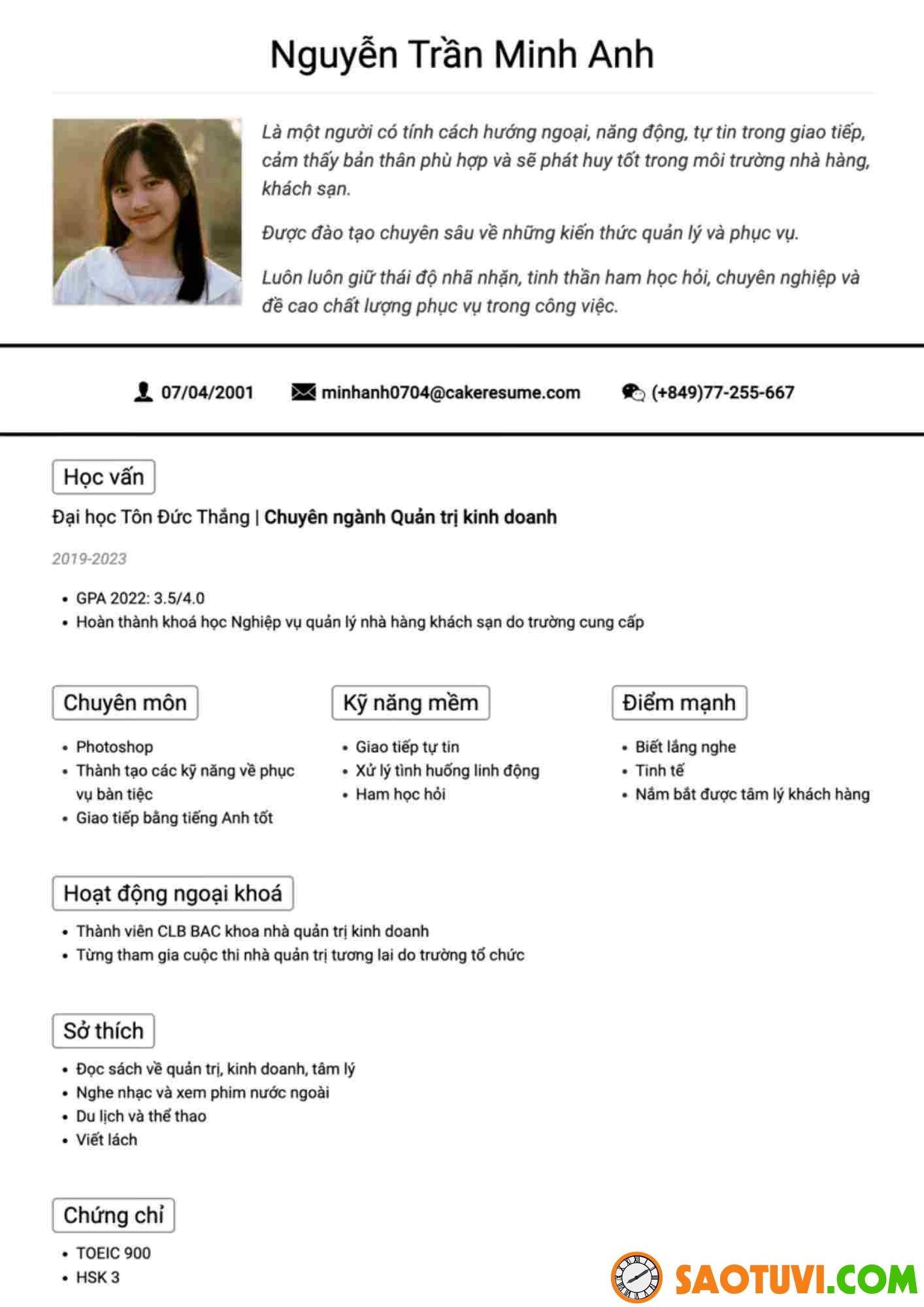 Top 25 mẫu CV part time cho sinh viên đẹp, đúng chuẩn CV Nhân viên kinh doanh part time (Sưu tầm)