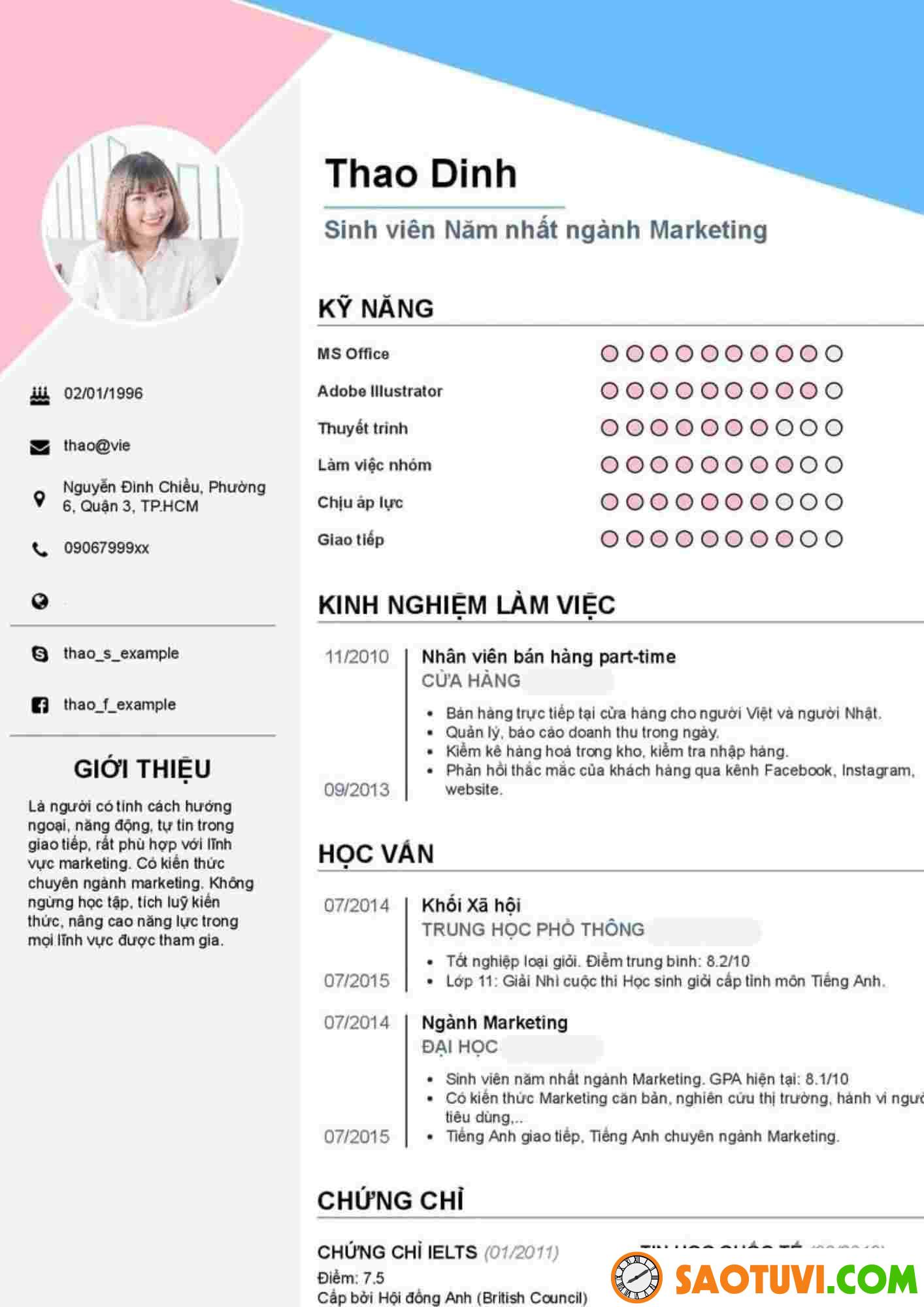 Top 25 mẫu CV part time cho sinh viên đẹp, đúng chuẩn CV Nhân viên Marketing part time (Sưu tầm)