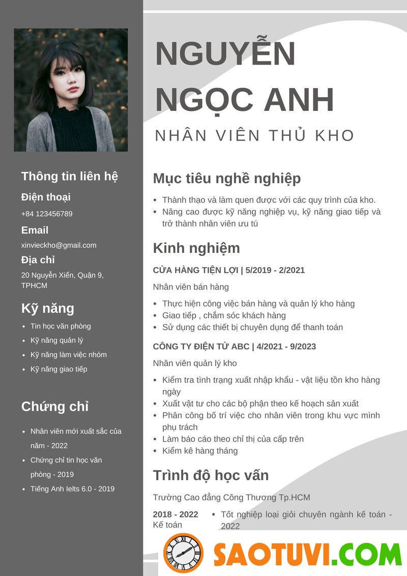 Mẫu CV xin việc kho số 1 Mẫu CV xin việc kho số 1