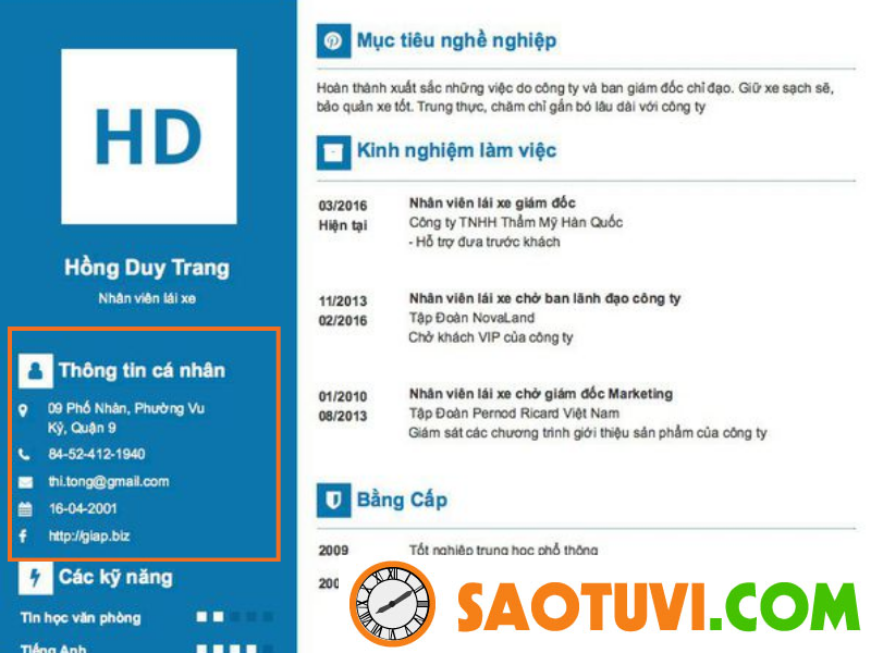 Tổng hợp những mẫu CV xin việc lái xe và cách viết đúng chuẩn Thông tin cá nhân