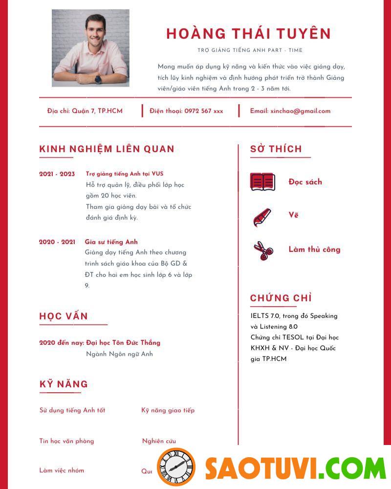Mẫu CV xin việc part time cho sinh viên ghi điểm với nhà tuyển dụng Mẫu CV dành cho công việc trợ giảng part time