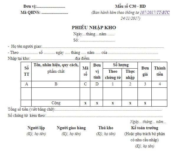 mẫu phiếu nhập kho theo thông tư 107