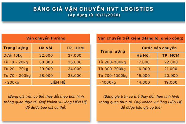 bảng giá vận chuyển