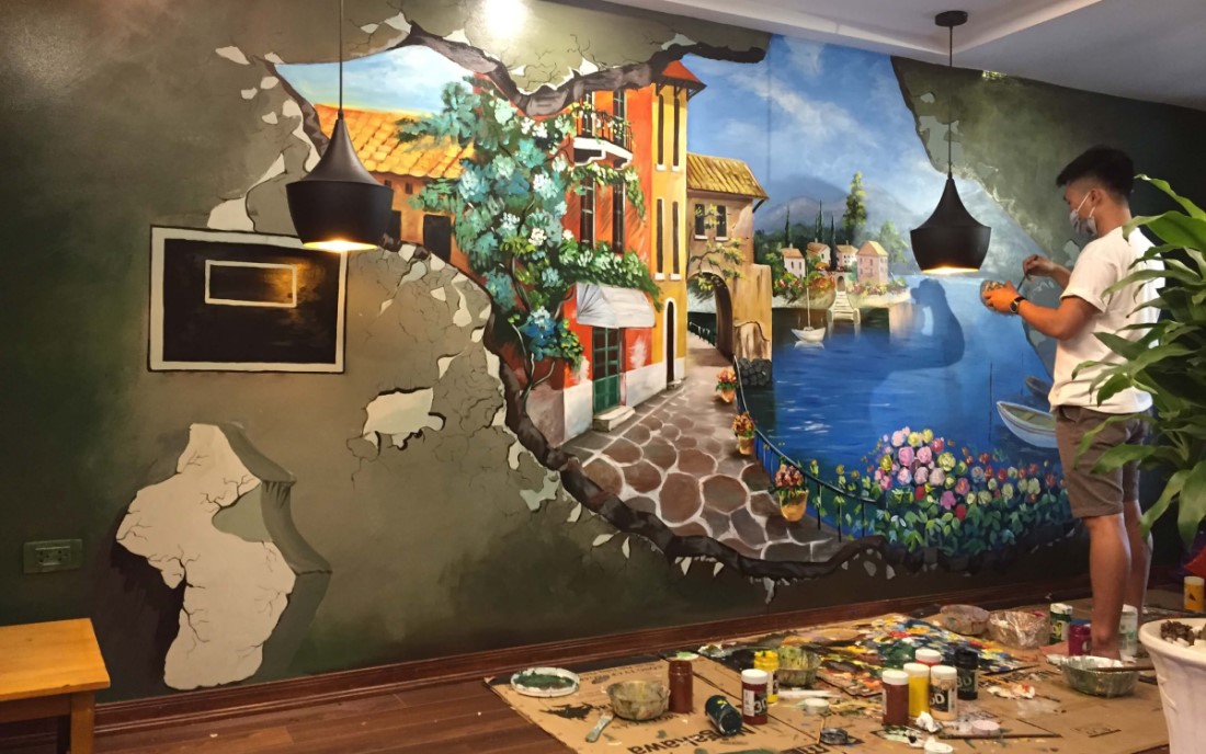 ve-trang-tri-tuong-quan-cafe trang trí tường quán cafe bằng nét vẽ nghệ thuật