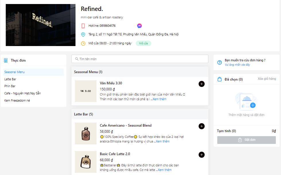 web-order Menu điện tử trên Website Order
